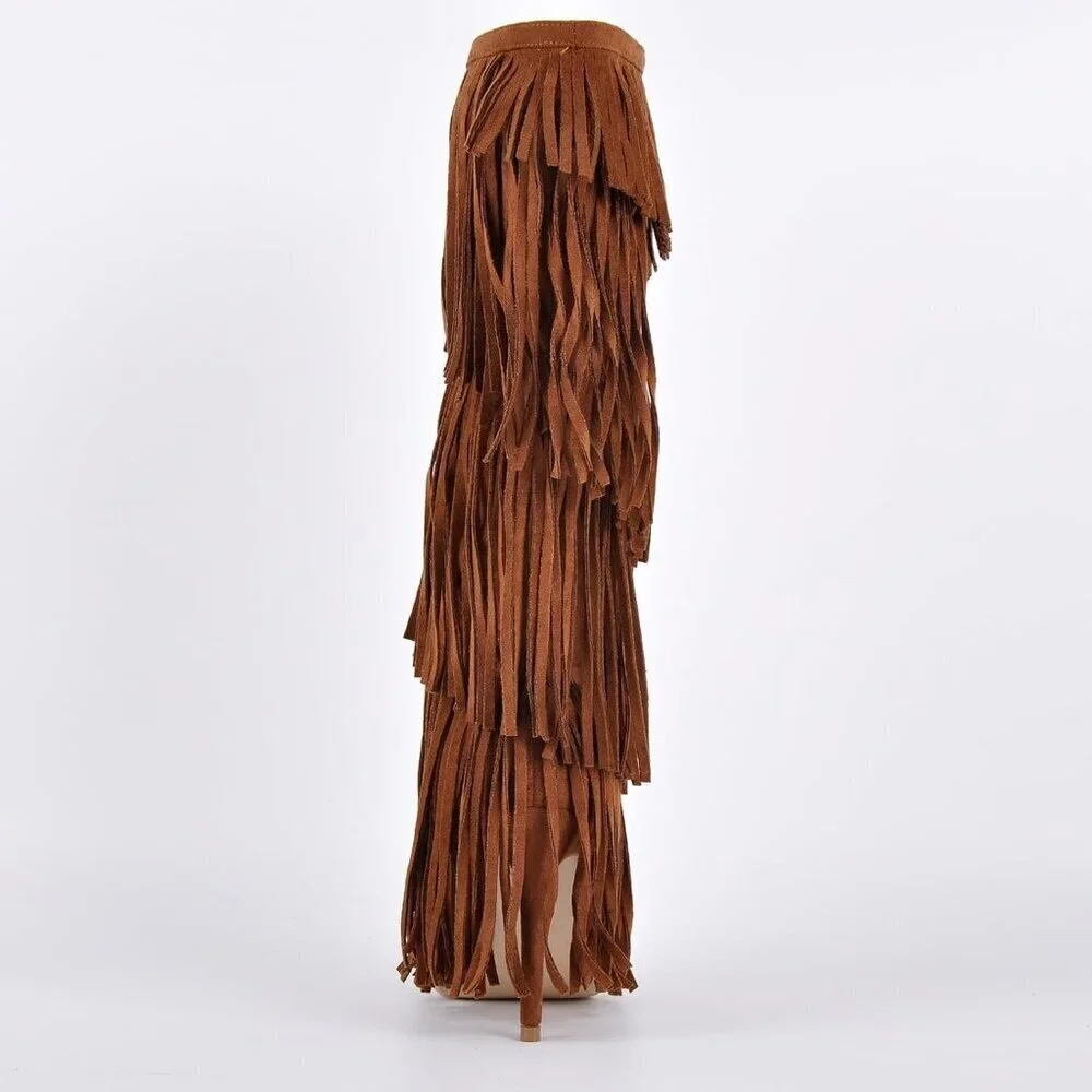 Women's Fringed Knee High Boots Pointy Toe Stilettos Faux Suede High Heels Boot